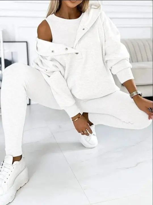 Athleisure Hoodie With Thick Thread Slim-fit Vest Pants Three Pieces Set Lady T Fashions