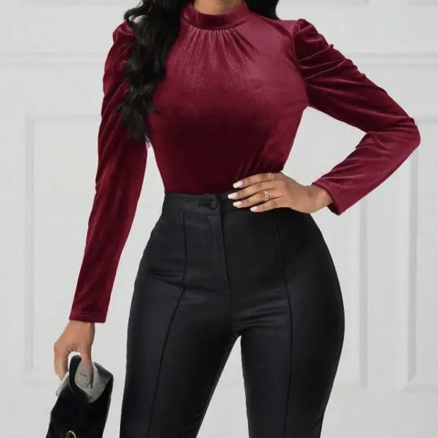 Women's Solid Color Round Neck Bubble Sleeve Slim Fit T-shirt Lady T Fashions