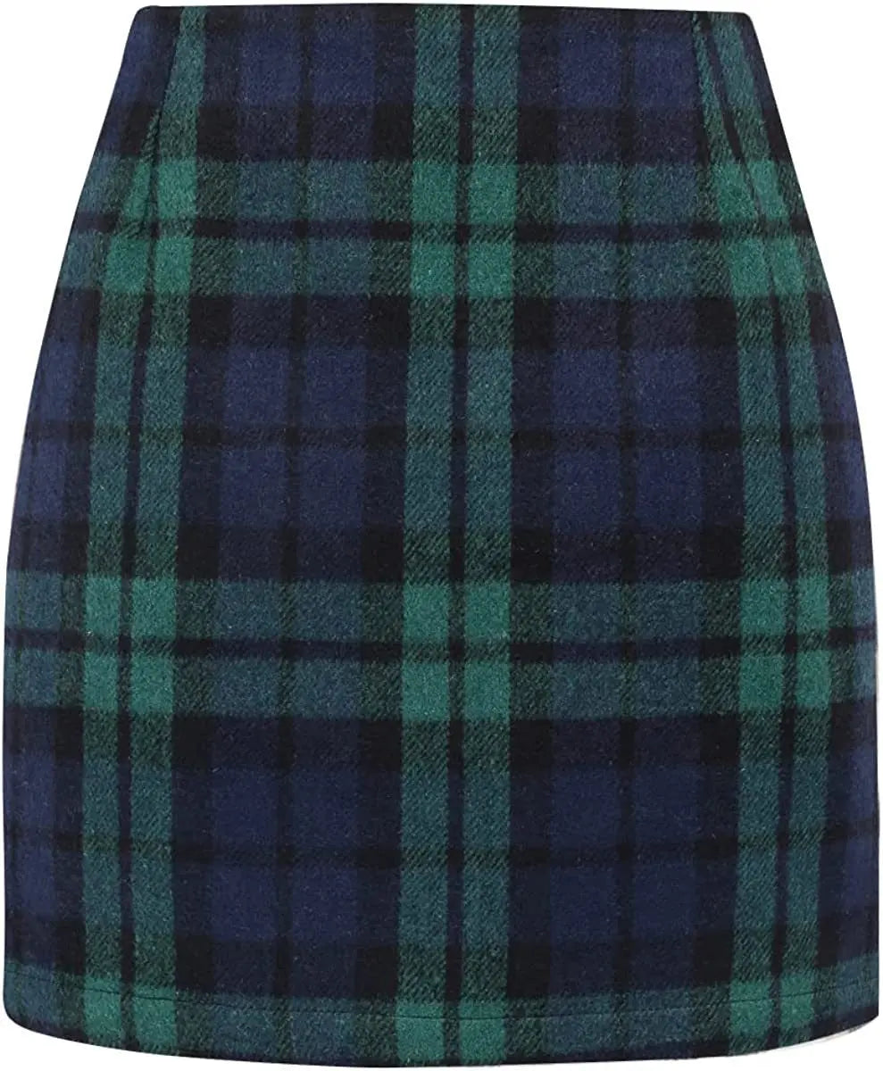 Women's High Waist Plaid Tight Pencil Wool Mini Skirt Lady T Fashions