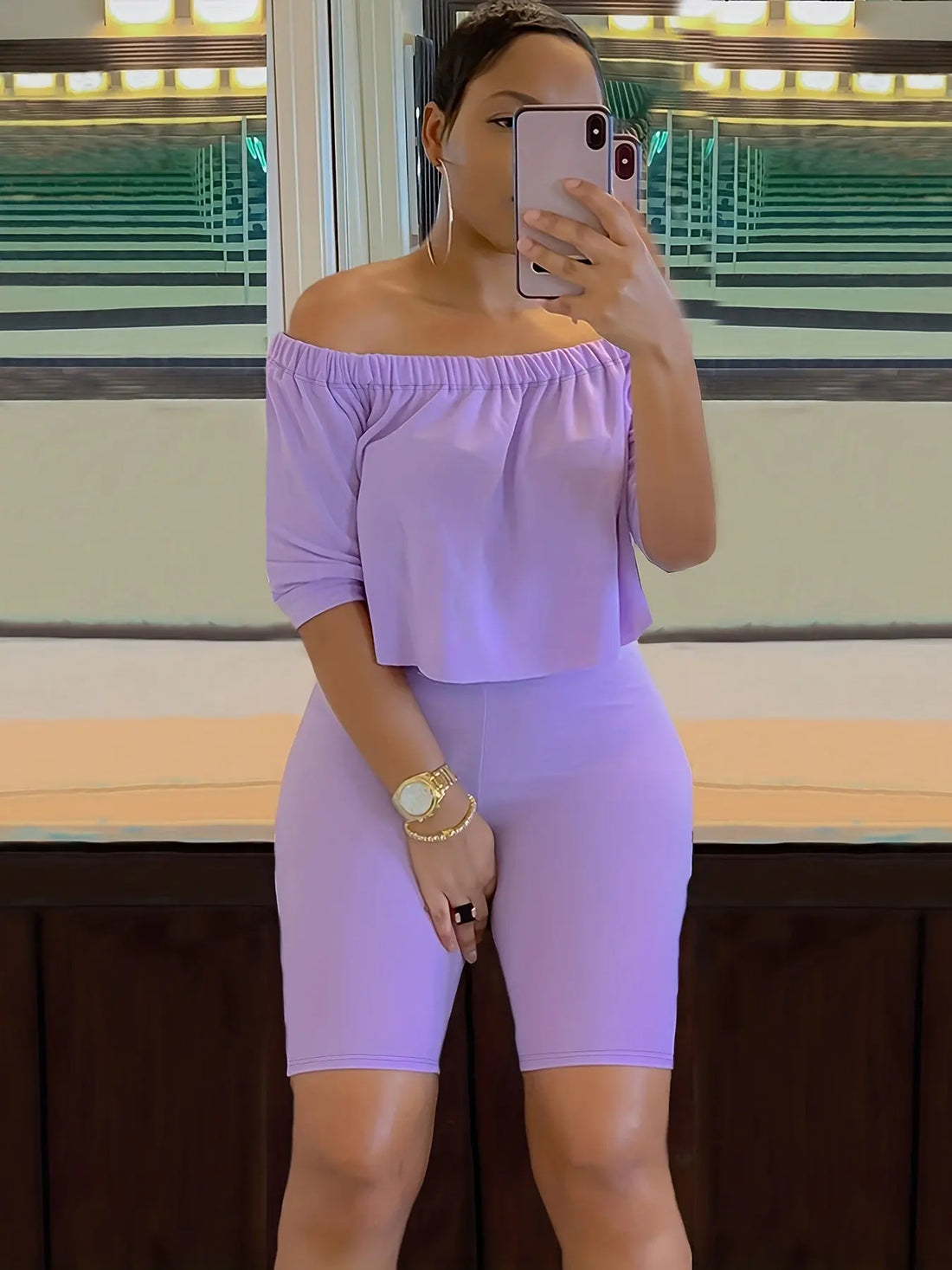 Sexy Solid Fashion Pantsuits Two-piece Set, Off Shoulder Short Sleeve Tops & Slim Shorts Set, Women's Clothing Lady T Fashions