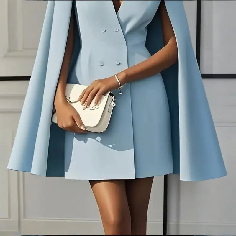 Women's Elegant Solid Color V Neck Double-Breasted Cape Blazer Dress Spring & Summer Party Banquet Outfit Lady T Fashions
