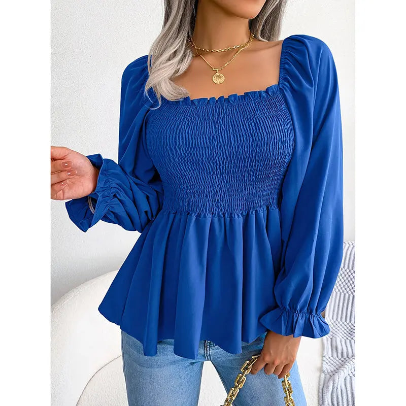 Women's Peplum Tops Square Neck Ruffle Trim Long Sleeve Blouse Smocked Top Dressy Casual Shirts Lady T Fashions