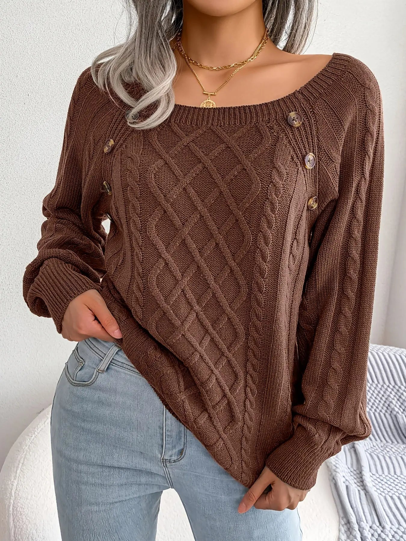 Texture Button Lantern Sleeve Sweater - Women's Round Neck Sweater Lady T Fashions