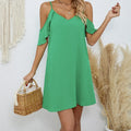 Ladies' Summer New Solid Color Mushroom Edge Folded Sleeves Off Shoulder Thin Strap V-neck Detail Design Resort Beach Dress Lady T Fashions