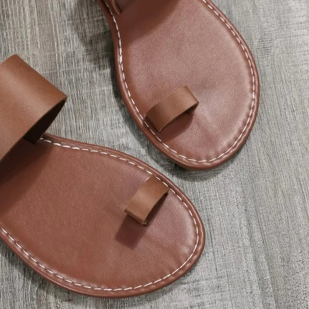 Women's Dark Brown Toe Loop Sandals, Open Round Toe Flat Comfy Fashion Slippers, Women's Indoor & Outdoor Slides Lady T Fashions