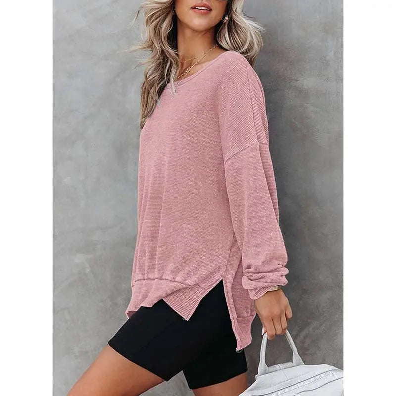 Womens Waffle Knit Crewneck Sweatshirts Long Sleeve Side Slits Casual Pullover Sweatshirt Tops Lady T Fashions