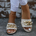 Women's Metal Chain Decor Flat Slippers, Fashion Open Toe Non Slip Slides Shoes, Casual Outdoor Slippers Lady T Fashions