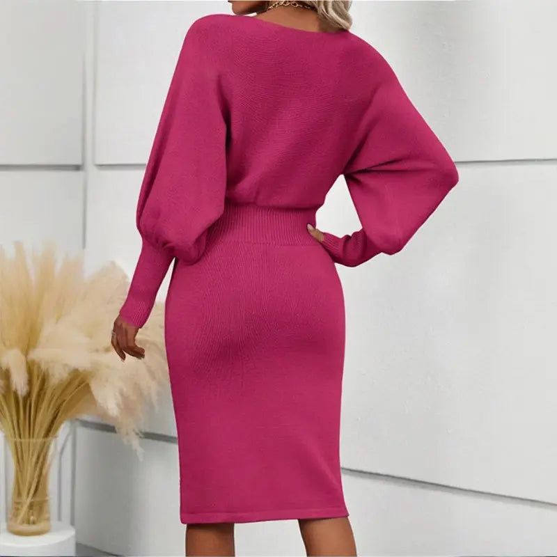Women's Solid Color Round Neck Lantern Sleeve Bodycon Dress - Elastic Waist Knee-Length Knit Dress Lady T Fashions