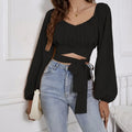Ladies' Fashionable And Sexy Long Sleeved Lace Up Short Top Korean Retro Slim Fit Bubble Sleeve Personalized Square Neck Shirt Solid Color Slimming Lady T Fashions