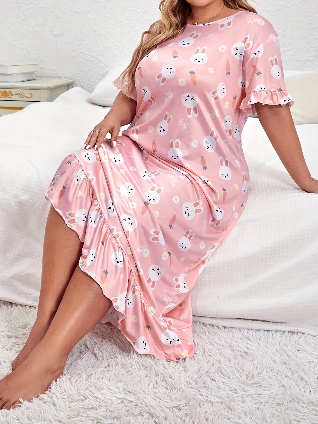 Summer plus size pajamas dress for fat MM plus size women 200 pounds loose casual can be worn outside long short-sleeved skirt nightgown with ruffles Lady T Fashions