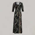 Women's Summer Geometric Print Maxi Dresses Casual 3 4 Sleeve V-Neck Tie Waist Long Dress Lady T Fashions