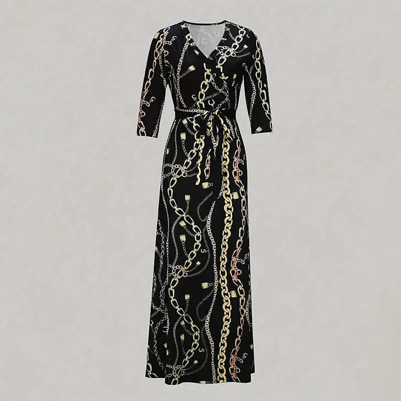 Women's Summer Geometric Print Maxi Dresses Casual 3 4 Sleeve V-Neck Tie Waist Long Dress Lady T Fashions