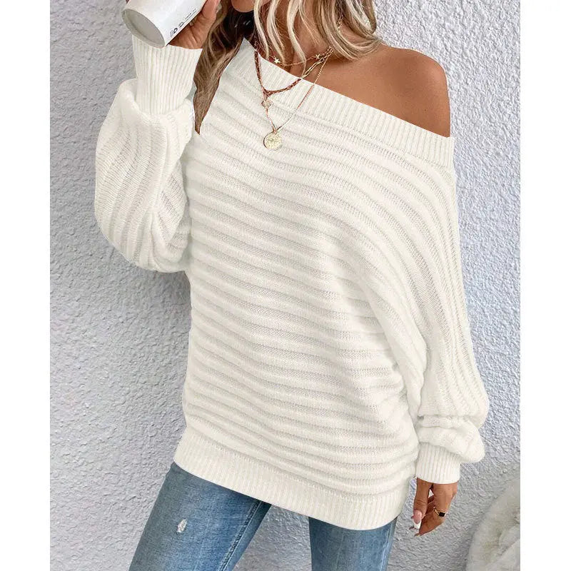 Women's Off Shoulder Sweater Batwing Sleeve Pullover Top Fall Casual Loose Knit Long Sleeve Lady T Fashions