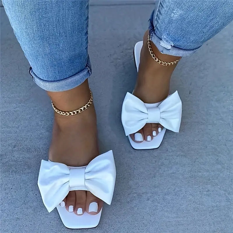 [Versatile Slippers] Versatile Non Slip Women's Bowknot Flat Slippers | Solid Color Square Open Toe Indoor & Outdoor Slides Shoes Lady T Fashions