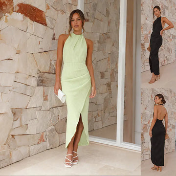 Ins Halter Split Long Dress Summer Slim Fit Backless Dresses Solid High-end Women's Clothing Lady T Fashions
