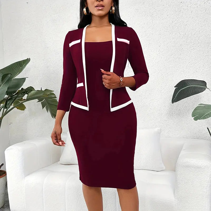 Women's Square Neck Half Sleeve Office Dress - Mock Two-Piece Bodycon Work Dress Lady T Fashions