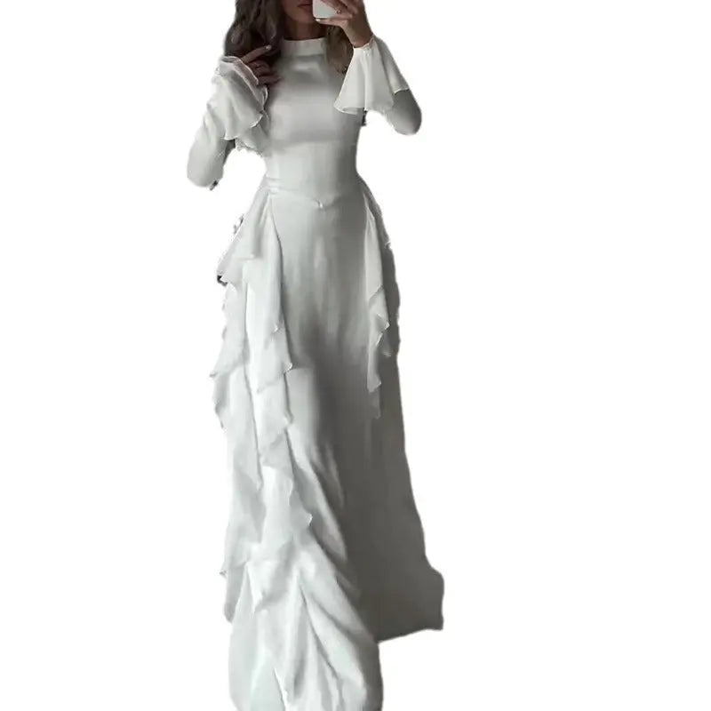 Women's Round-neck Flared Sleeves Temperament High Waist Slimming Patchwork Dress Lady T Fashions