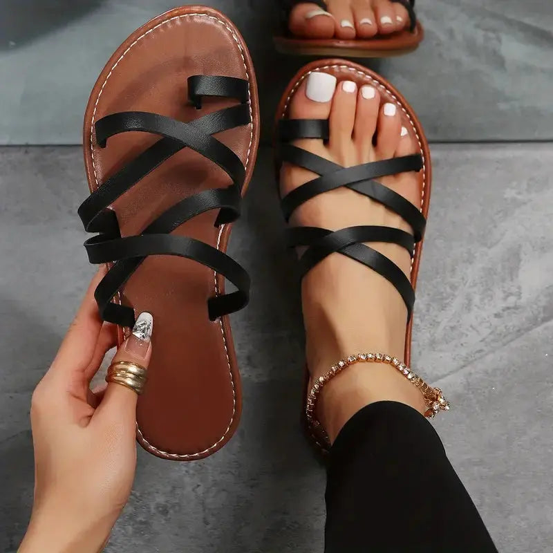 Women's Toe Loop Slide Sandals, Casual Cross Strap Slip On Flats, Lightweight Beach Shoes Lady T Fashions