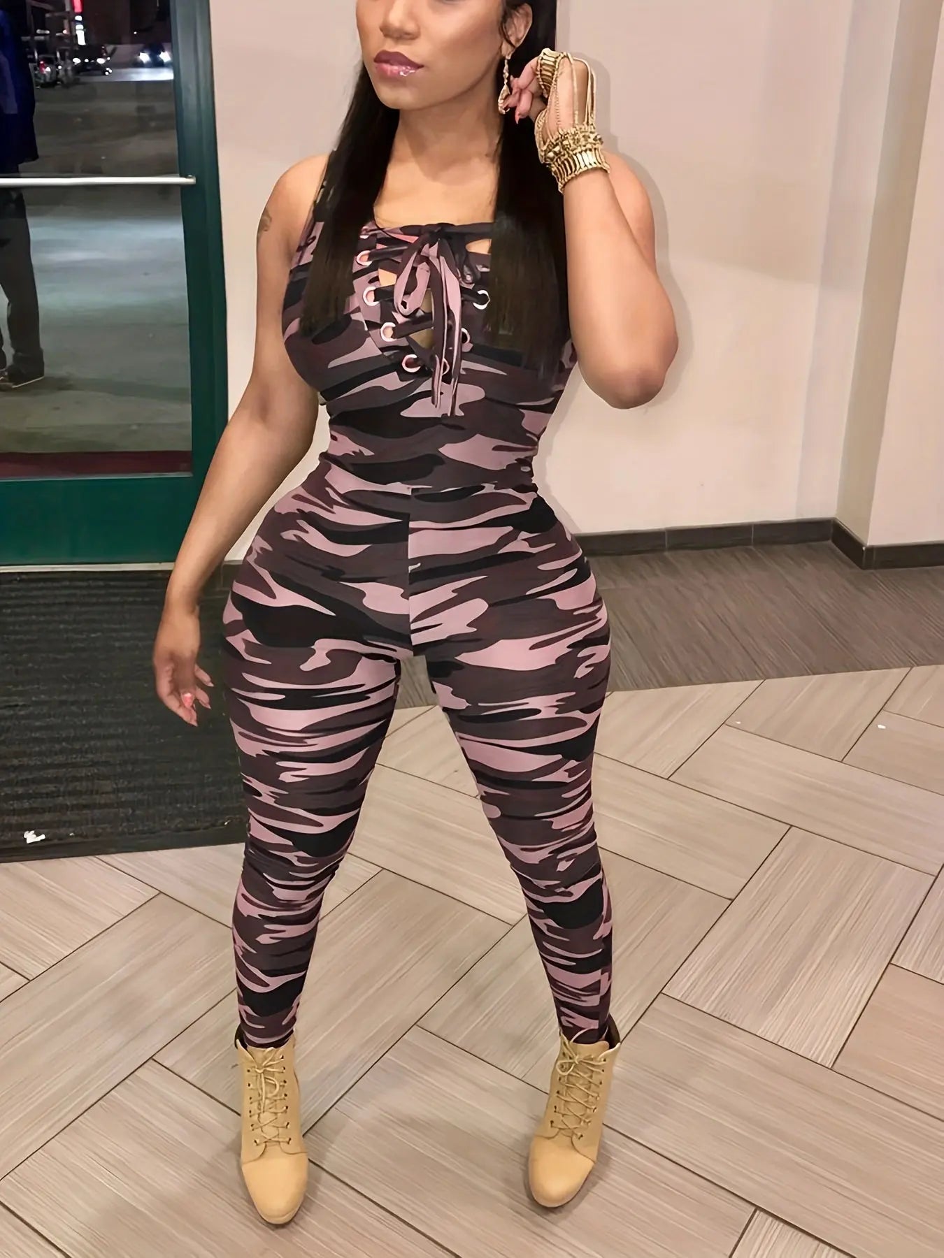 Sleeveless Leopard Print Sexy Jumpsuit, Skinny Camouflage Knitted Jumpsuit, Women's Clothing Lady T Fashions