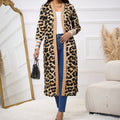 Women's New Leopard Print Patchwork Cuff Hem Autumn And Winter Long Open Top Jacket Lady T Fashions