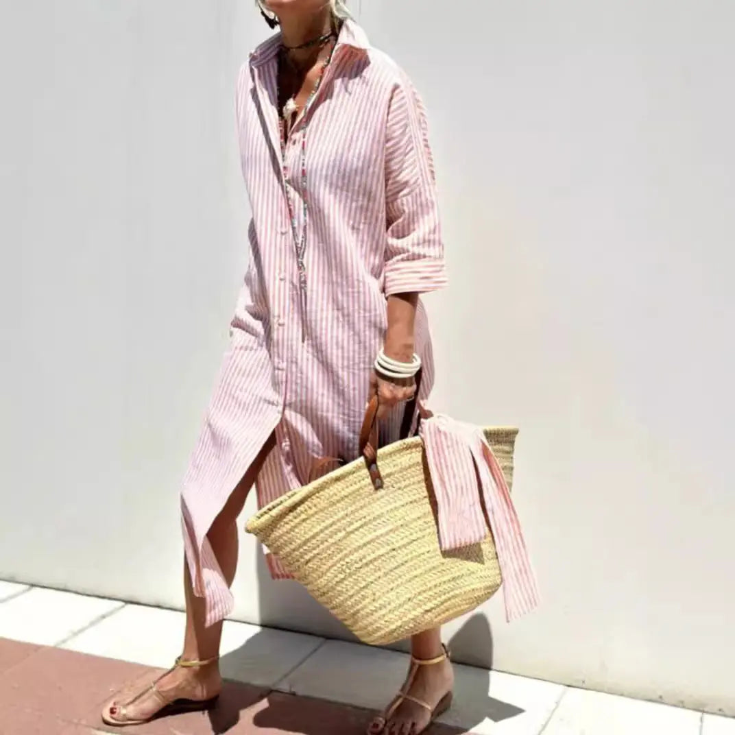 Striped Shirt Dress With Belt Fashion Half-sleeved Lapel Button Cardigan Dresses Women's Clothing Lady T Fashions
