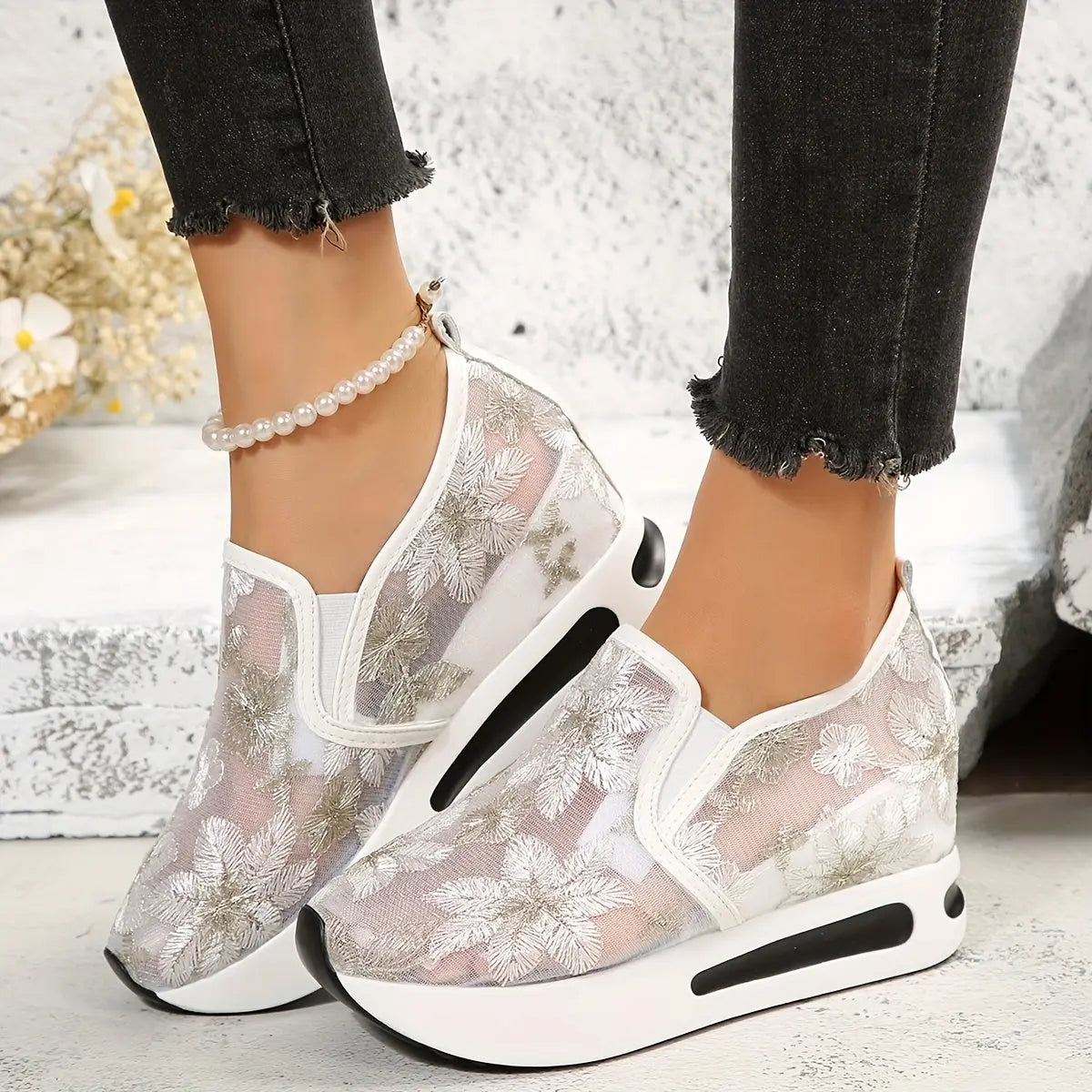 Stunning Floral Lace Platform Shoes - Fashion Sneakers with Height Increasing, Slip-On Design, Low Top Style, and Versatile Casual Wear - Perfect for Everyday Outings and Special Occasions Lady T Fashions