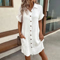 Women's Dress Summer Casual Collar Button Down Short Sleeve Tunic Shirt Dress With Pockets Lady T Fashions