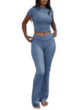 Casual Solid Color Slim Fit Two-piece Pants Set, Short Sleeved Round Neck T-shirt And Tight Flared Pants Sports Pants Clothing, Women's Clothing Lady T Fashions