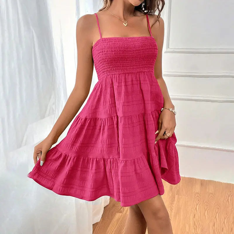 Women's Spaghetti Strap Sleeveless Smocked A-Line Swing Mini Dress, Elegant Casual Summer Dress Lady T Fashions