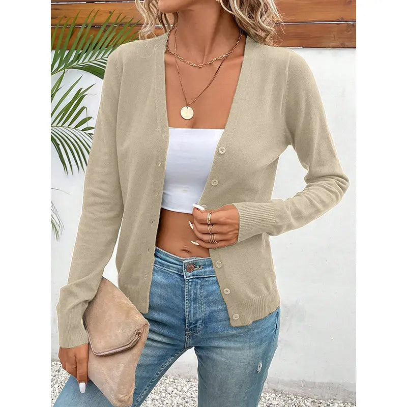 Women's Long Sleeve V-Neck Button Down Cardigan Knit Shrugs Sweater Lady T Fashions