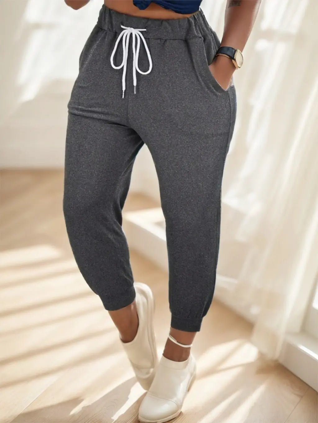 Solid Drawstring Waist Jogger Pants Lady T Fashions