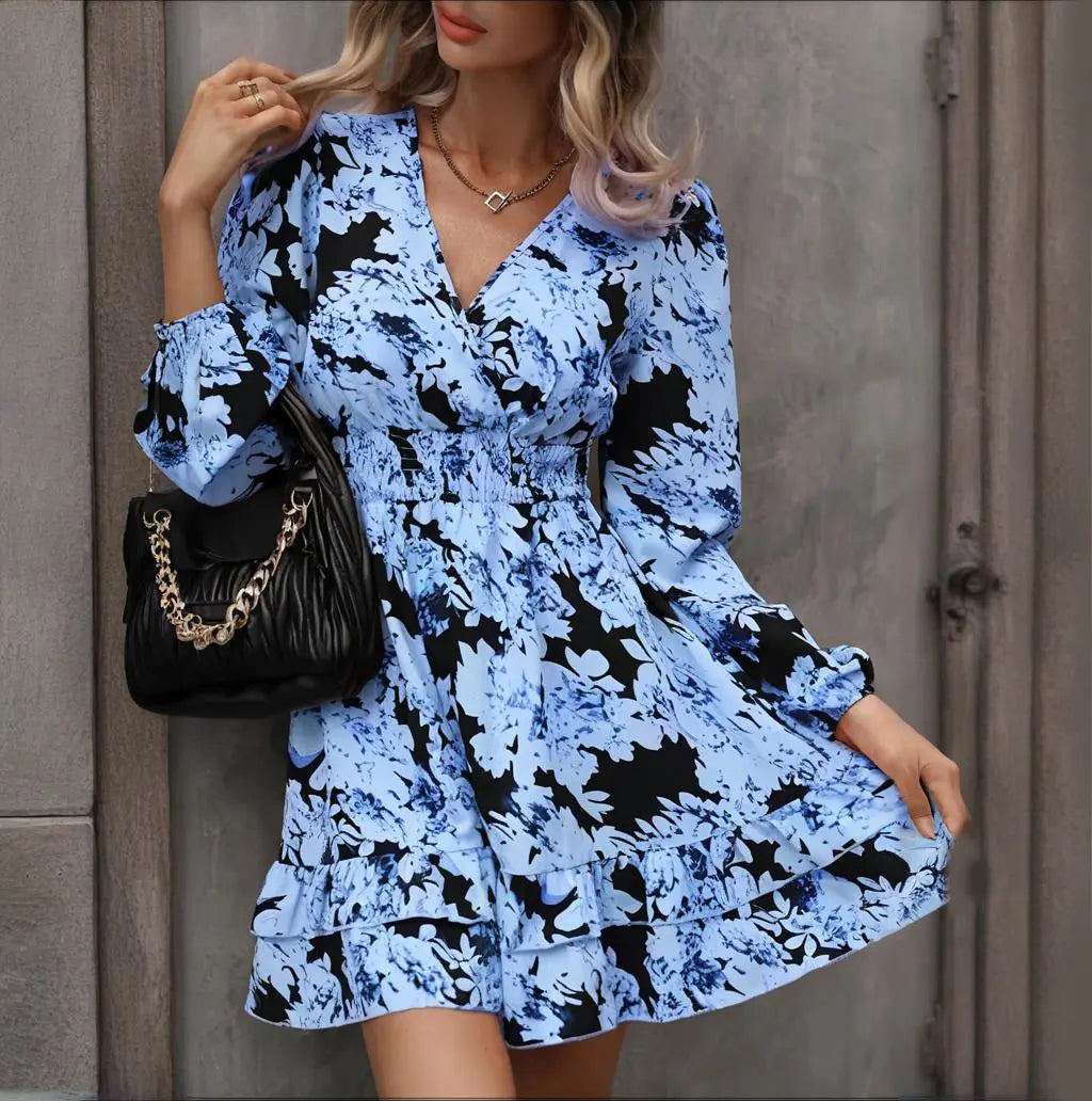 Women's Elegant Printed Lantern Sleeve A-Line Dress V-Neck, Ruffled Gathered Waist Detail, Flowy Midi Dress For Casual & Formal Occasions Lady T Fashions