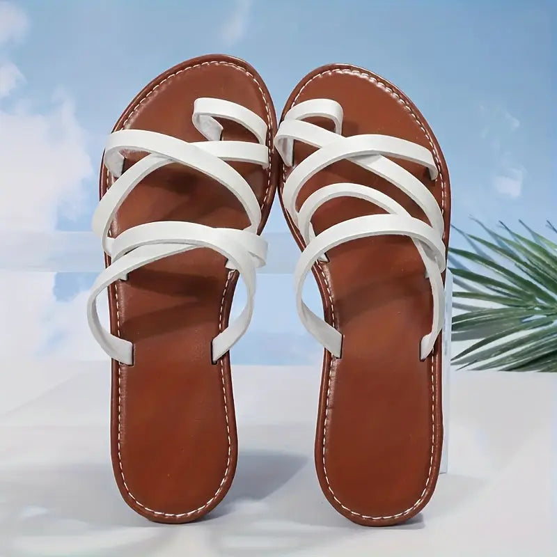 Women's Toe Loop Slide Sandals, Casual Cross Strap Slip On Flats, Lightweight Beach Shoes Lady T Fashions