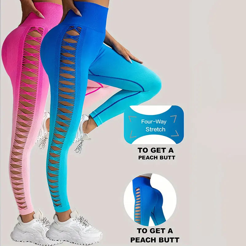 2 Pack Cut Out Ombre Gradient Color Hollow High-waist Butt-lifting Fitness Women's Yoga Pants, Women's High Waist Yoga Pants Cutout Ripped Super Soft And Comfortable Skinny Lady T Fashions