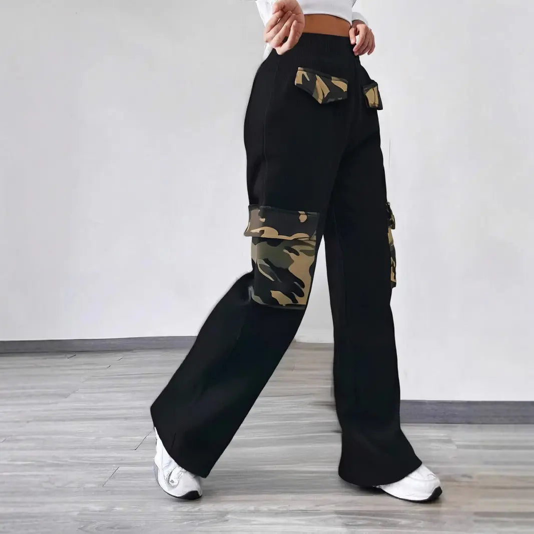 High Street Fashionable Overalls Pocket Camouflage Stitching Trousers Lady T Fashions