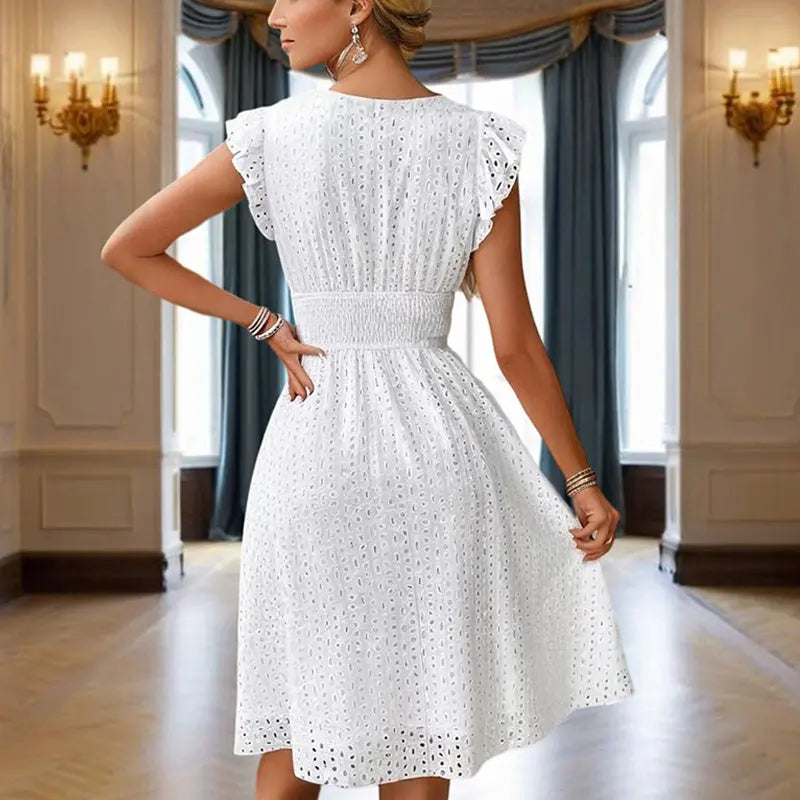 Women's Solid Color V-Neck Lace Short Sleeve Dress With Elastic Waist - A-Line Flowy Midi Dress For Summer Vacation Lady T Fashions