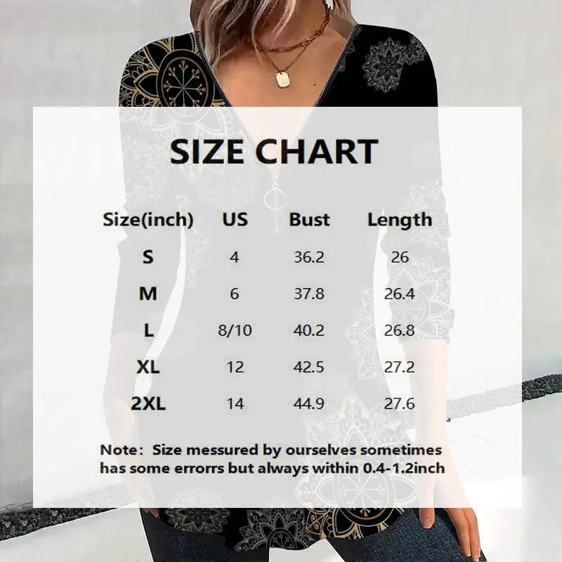 Women's Elegant Floral Print V-Neck Long Sleeve T-Shirt With Zip Detail - Slim Fit Casual Top For Spring&Fall Lady T Fashions
