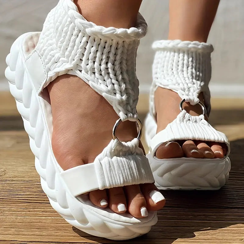 Women's Knitted Platform Sandals with Thick Cushioned Midsole - Adjustable Back Strap, Open-Toe Summer Shoes, Breathable Fabric Upper & TPR Sole for Casual Outings, Beach, Student Fashion, Ladies Sandals Lady T Fashions