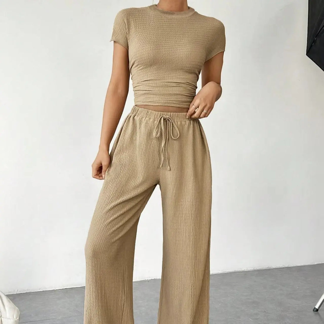 Women's Solid Color Short Sleeved T-shirt High Neck Top Loose Casual Pants Set Lady T Fashions