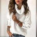 Women's Solid Color High-Neck Sweater - Button Cuff Detail, Cozy Fall&Winter Loose-Fit Top Lady T Fashions