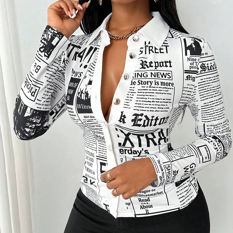 Women's Long Sleeve Casual Shirt - Spring&Fall Slim Fit Printed Blouse With Single Button Placket Lady T Fashions