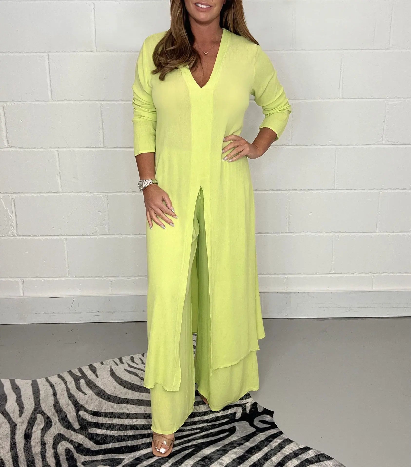 Women's Fashion Simple Solid Color Long Top Long Pants Set Lady T Fashions