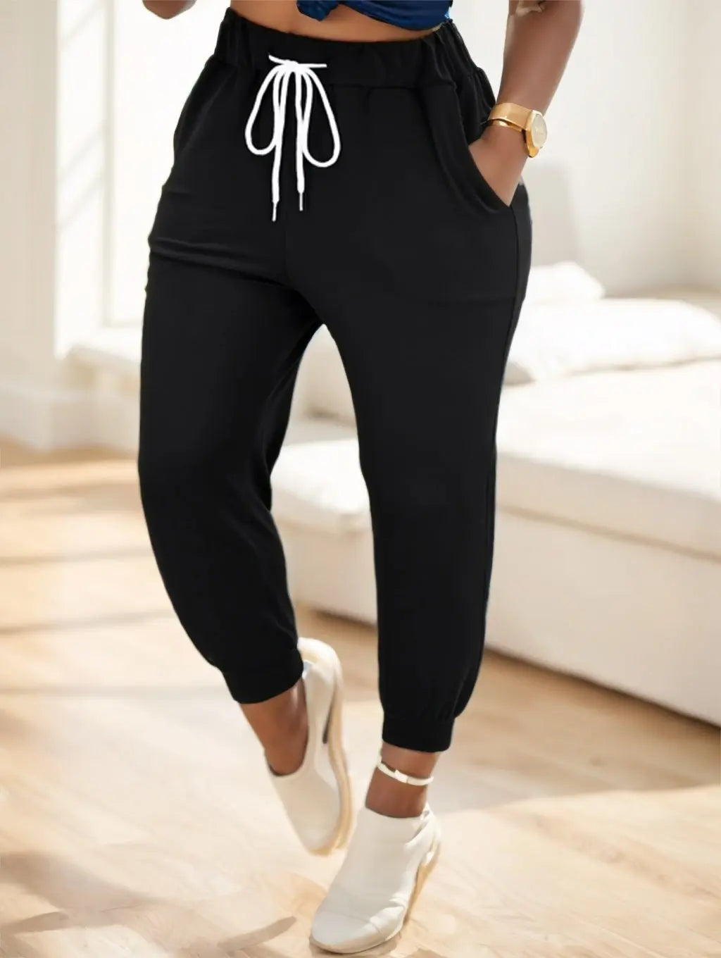 Solid Drawstring Waist Jogger Pants Lady T Fashions