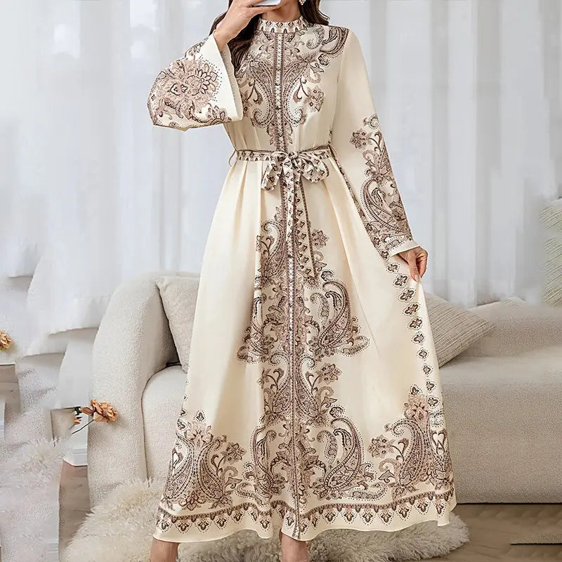 Women's Vintage High-Neck Floral Maxi Dress Loose Long Sleeve, Adjustable Waist Belt, Middle Eastern Inspired Holiday Dress Ankle-Length Gown Lady T Fashions