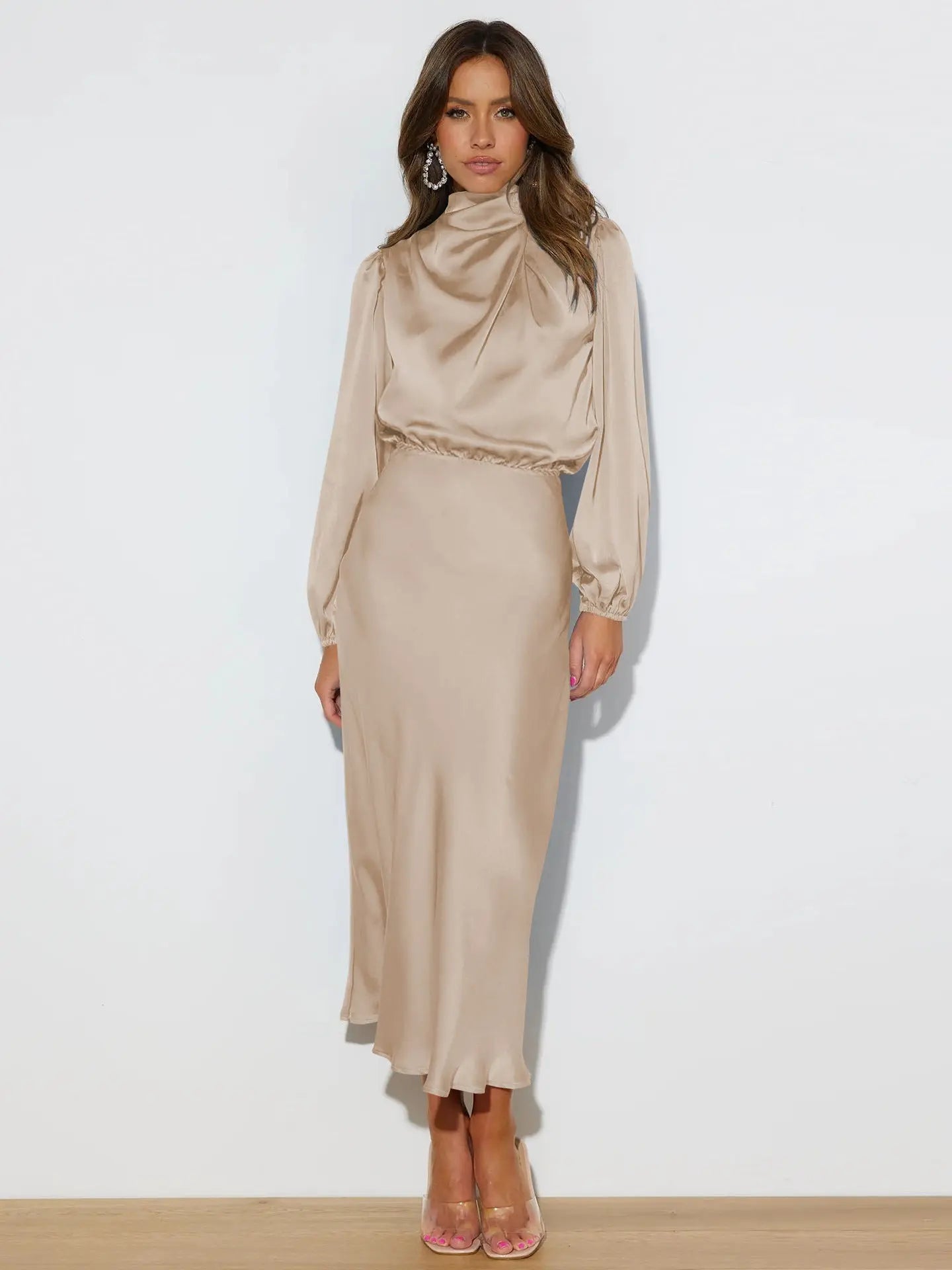 Dress Spring And Autumn Halterneck Long-sleeved Formal Dress Satin Elegant Lady Of Note Evening Dress Lady T Fashions