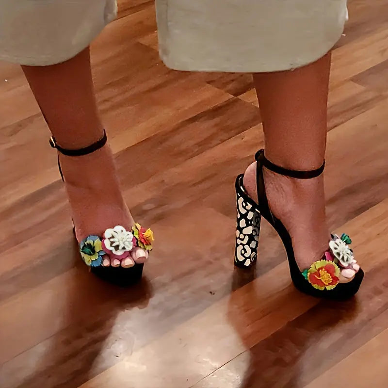Women's 3D Floral Ankle Strap High Heels, Open Toe Chunky Heel Sandals, Fashionable Dress Shoes Lady T Fashions