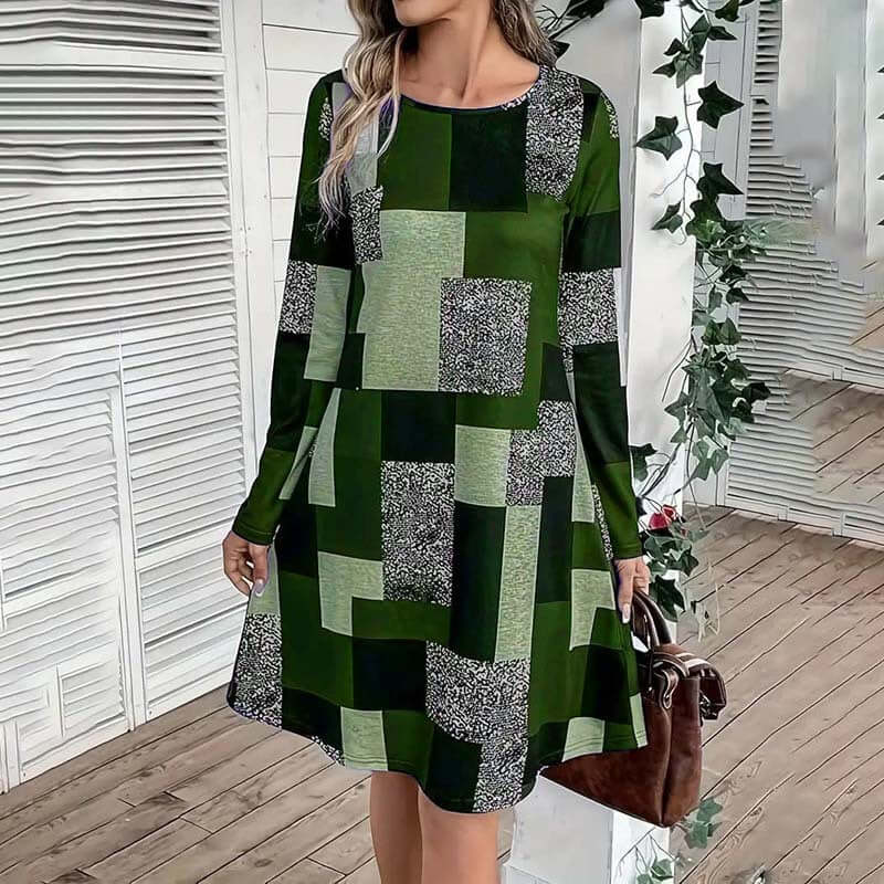 Women's Round Neck Long Sleeve Dress - Digital Print Casual Elegant Spring & Fall Dress Lady T Fashions