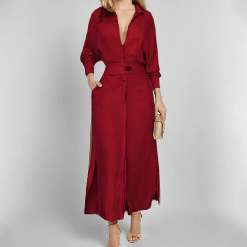 Women's Elegant Tied Solid Color Waisted Long-sleeved Shirt Dress Lady T Fashions