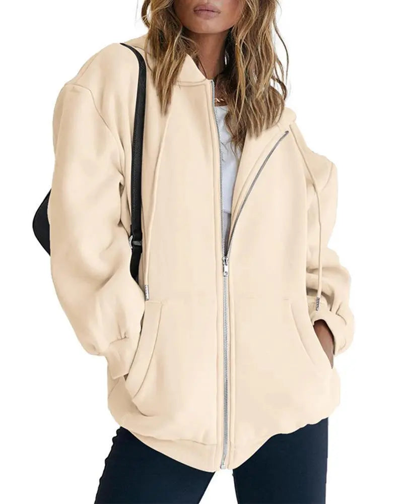 Women's Fashion Casual Solid Color Drawstring Zipper Hooded Sweatshirt Lady T Fashions