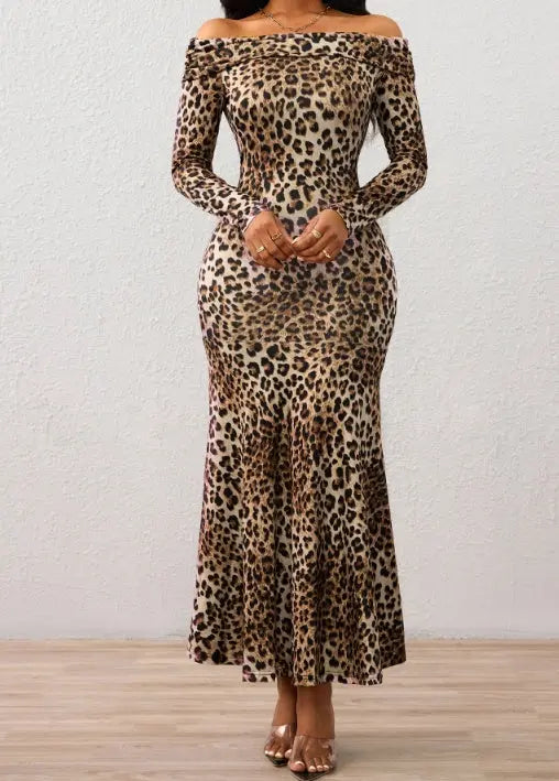 Ladies' Leopard Print One Neck Off Shoulder Slim Fit Bag With Wide Hips, Relaxed Flower Petal Skirt Hem, Date Party Party Dress Lady T Fashions